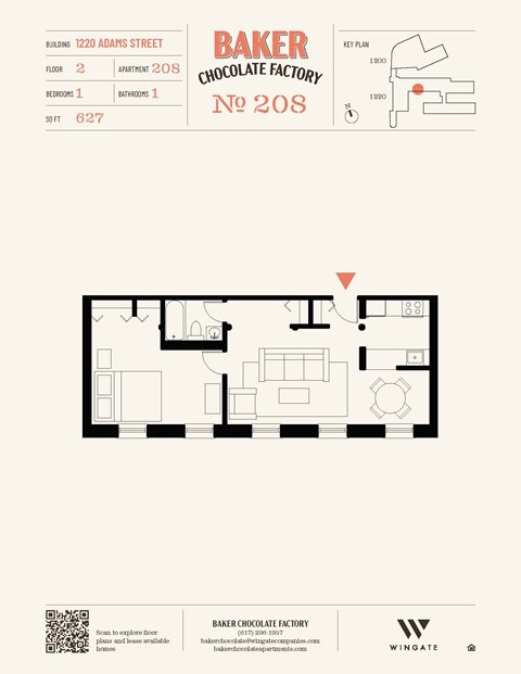 Floor plan for 1 bed, 1 bath, 1214 sqft